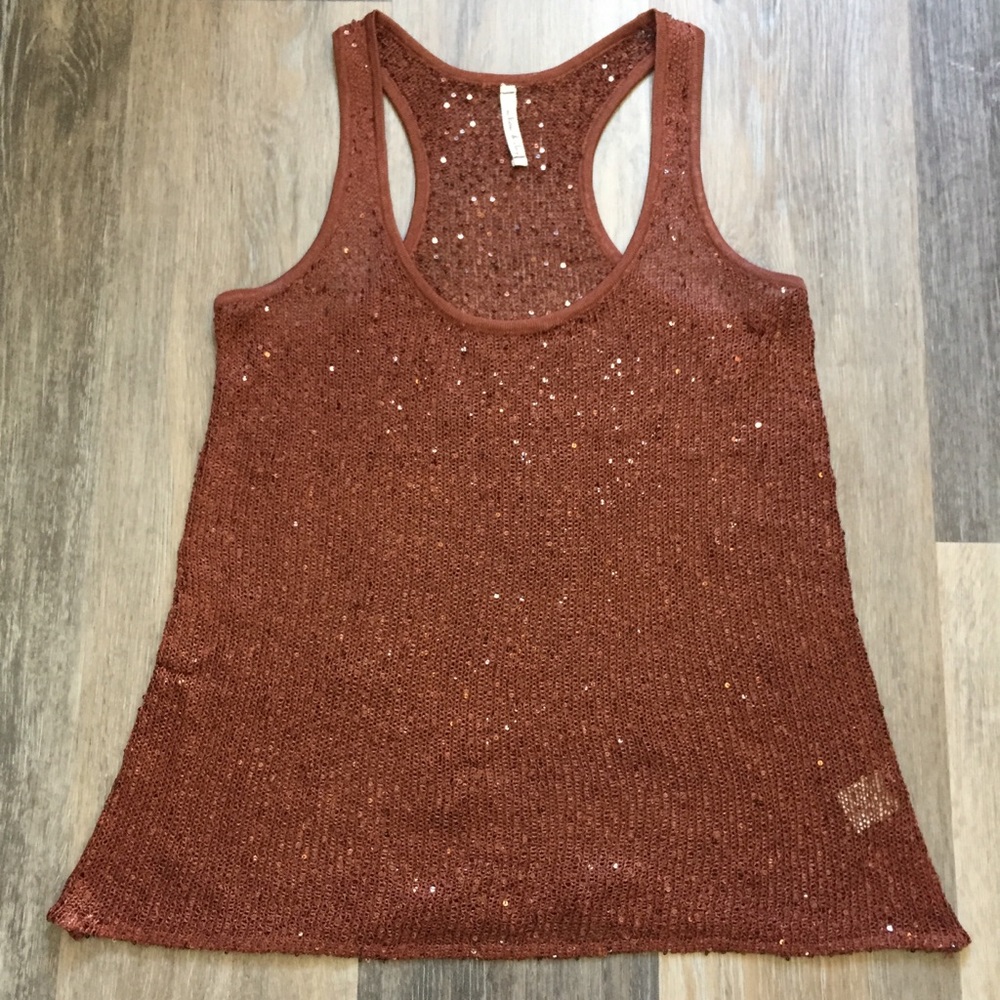 Sheer Knit Mesh Sequin Deep Bronze Racerback Top.